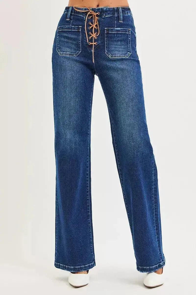 RISEN Full Size High Rise Wide Leg Jeans with Front Tie Detail Plus Size - DaisyDrop 