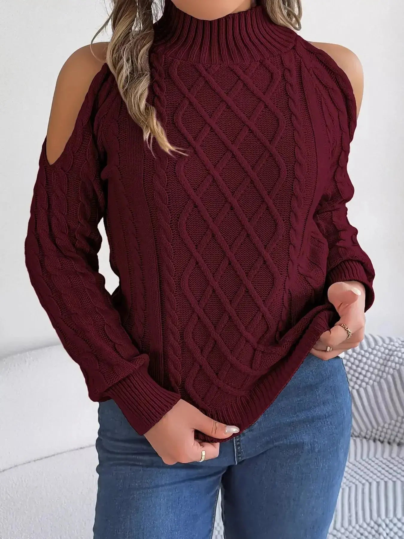 Cable Knit Cold Shoulder Turtleneck Sweater - DaisyDrop 