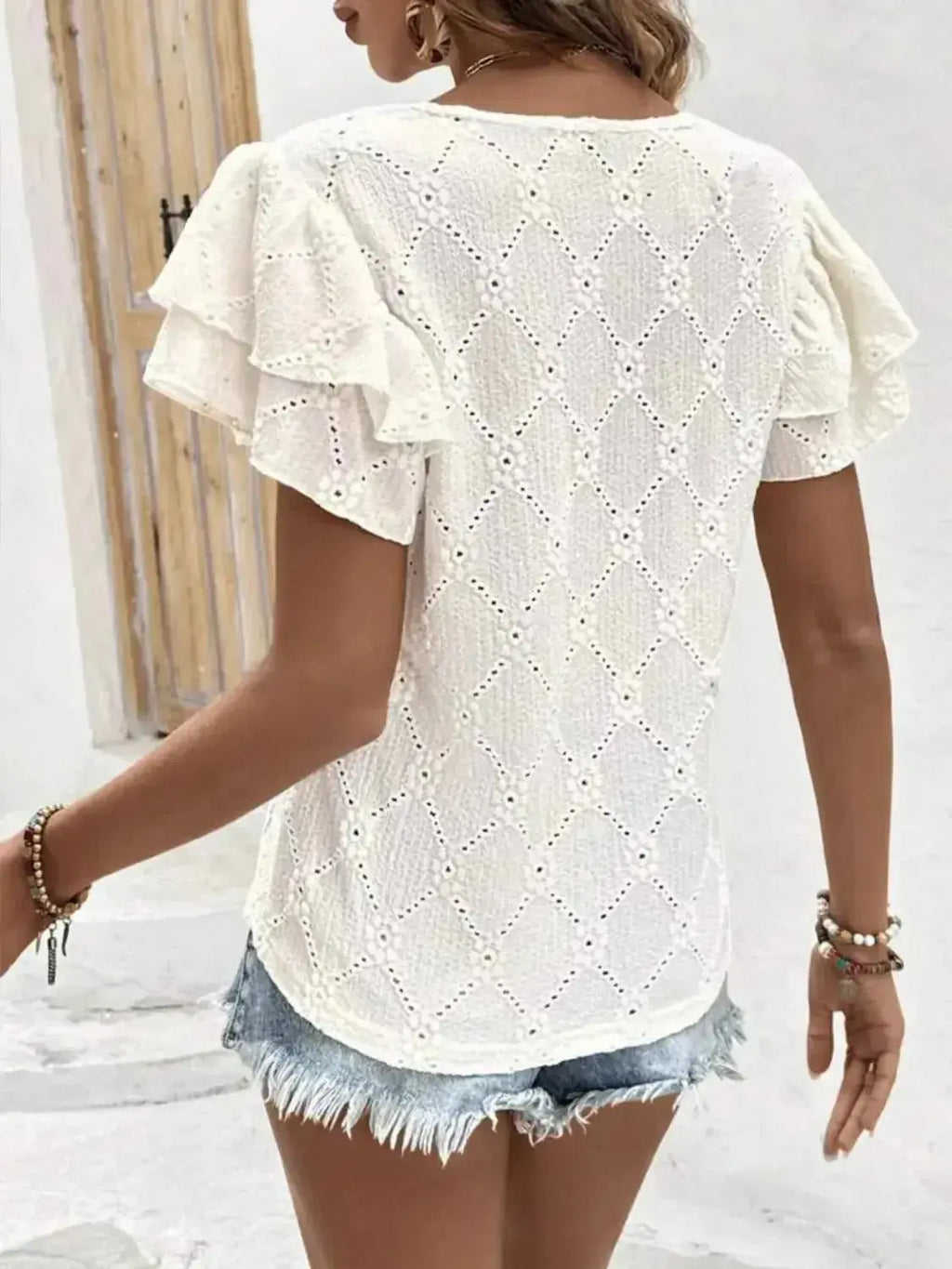 Eyelet V-Neck Short Sleeve Blouse - DaisyDrop 