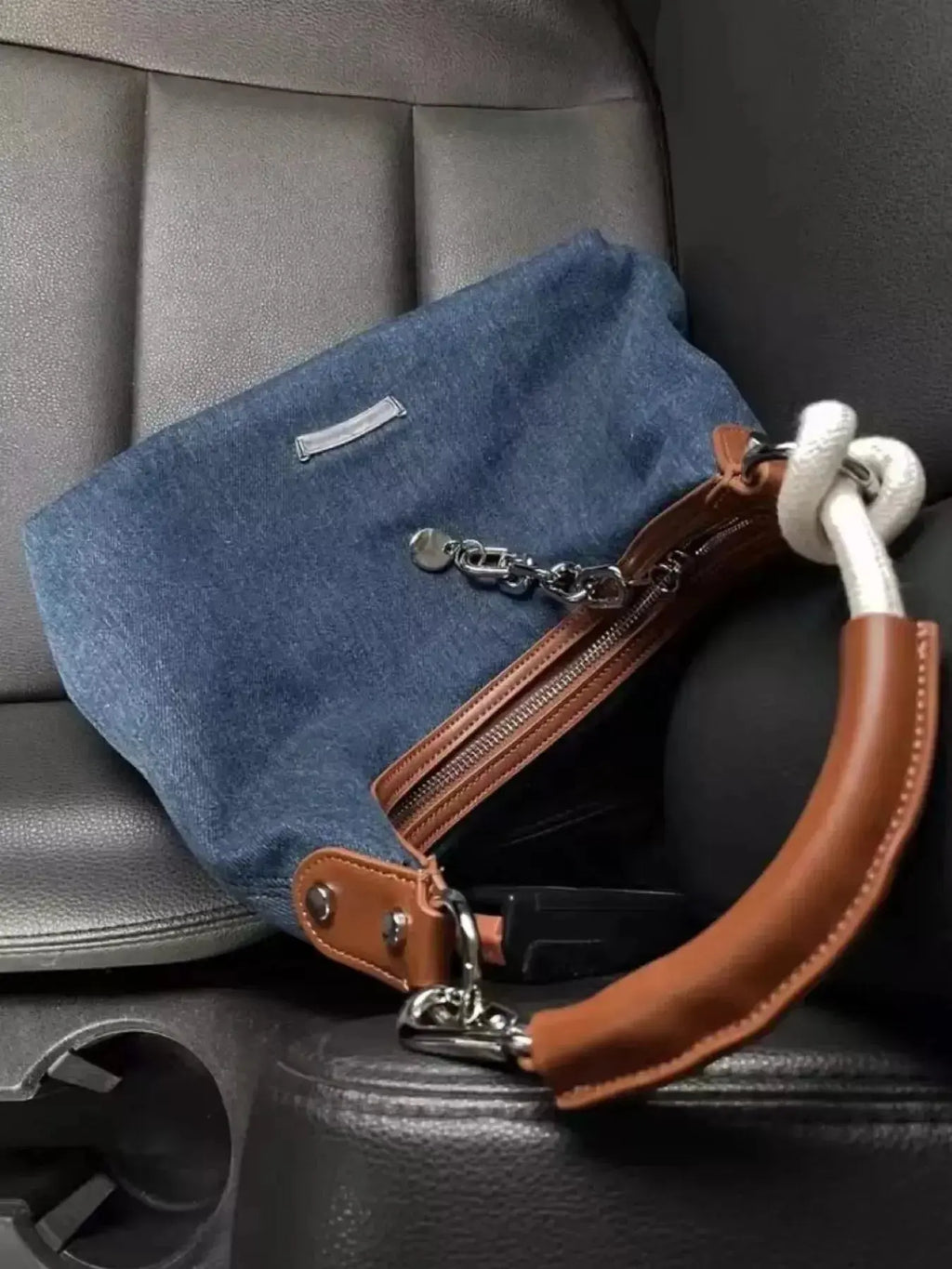 Denim Shoulder Bag with Leather Handle - DaisyDrop 