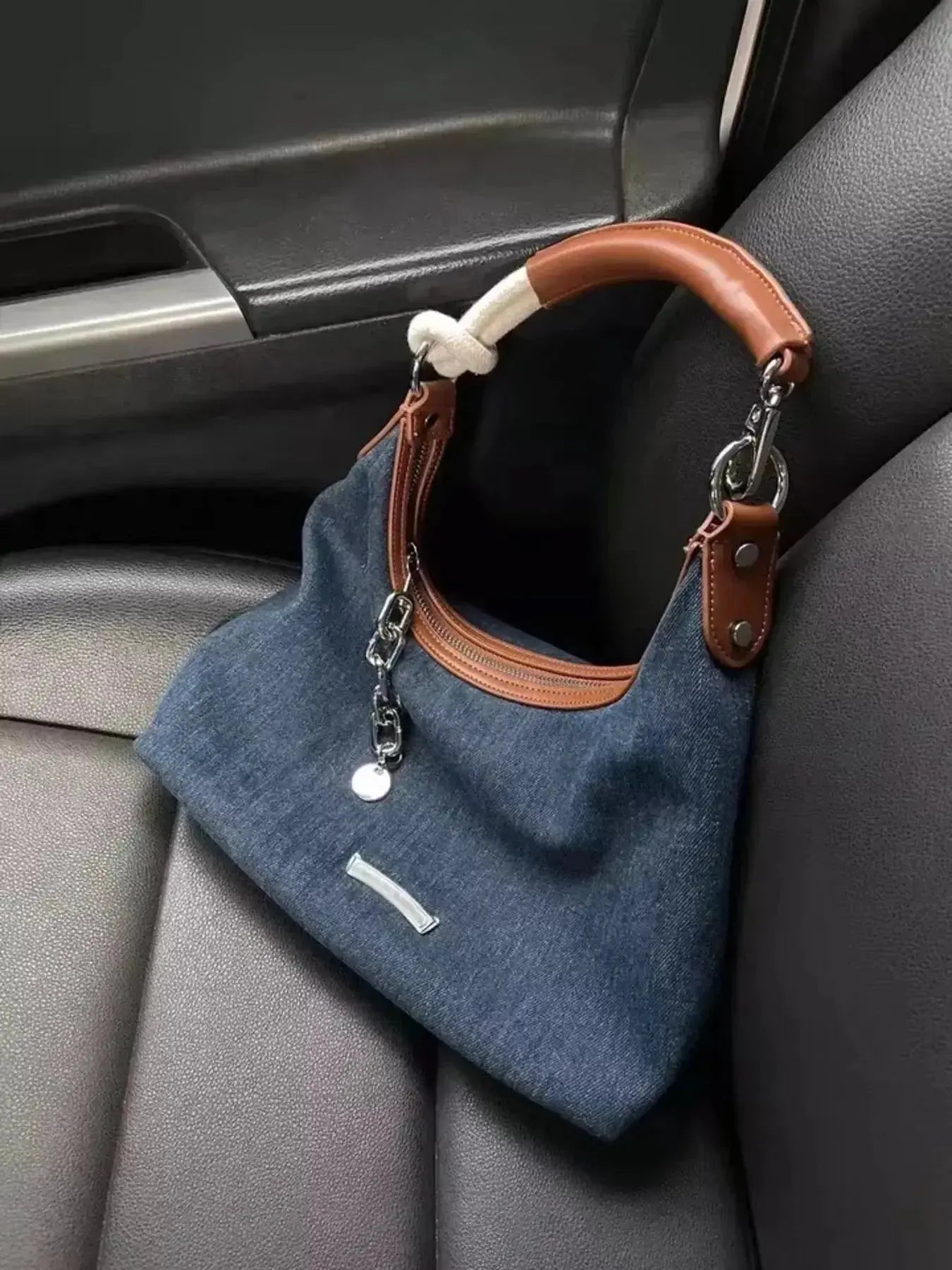 Denim Shoulder Bag with Leather Handle - DaisyDrop 