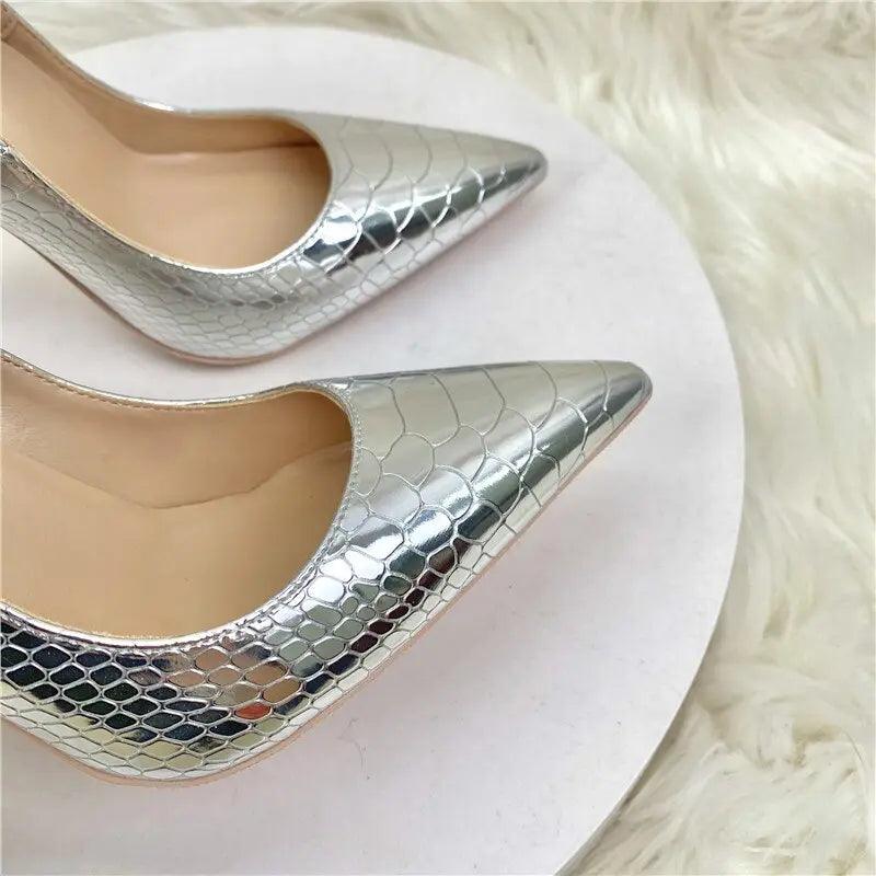 Tikicup Silver Embossed Crocodile Effect Sexy Pointy Toe eprolo