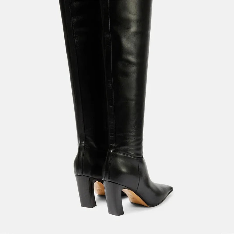 Autumn Winter Women Over Knee-High Boots Pointed Toe Real Leather Heels