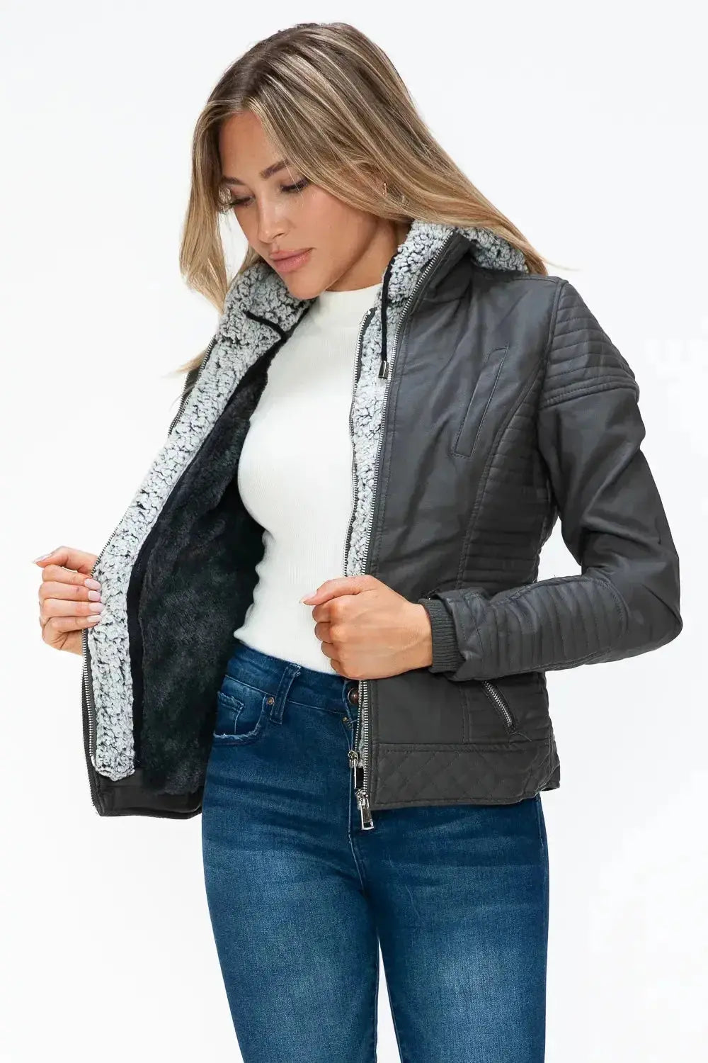 YMI Faux Layered Double-Zipper Jacket with Fuzzy Hood - DaisyDrop 