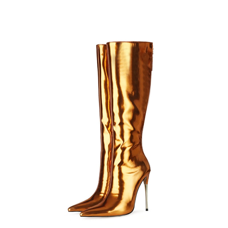 Classics Women High Heel Boots Patent Leather Back Zipper Square Toe