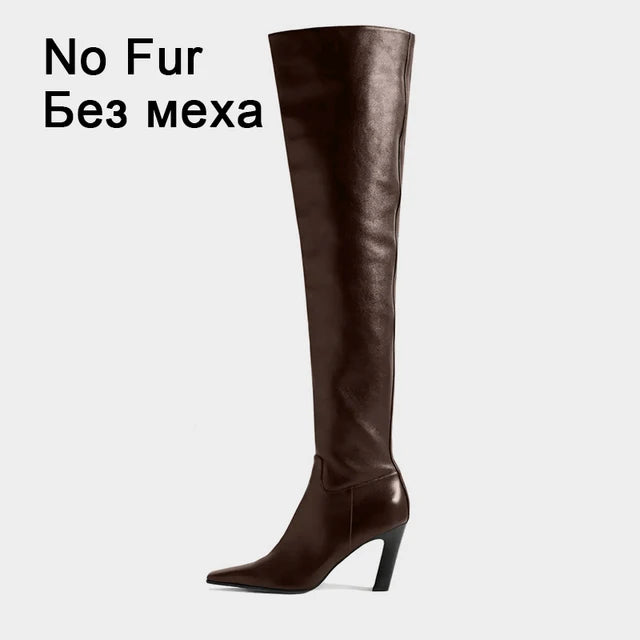 Autumn Winter Women Over Knee-High Boots Pointed Toe Real Leather Heels