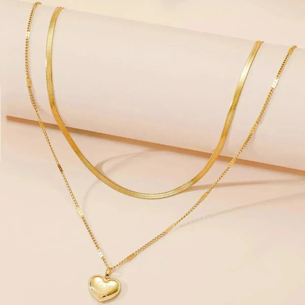 18K Gold-Plated Double Layered Heart Pendant Necklace - DaisyDrop 