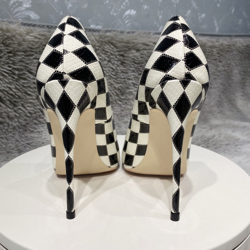 Tikicup Black White Diamond Crocodile Effect Women Pointy Toe High Heel