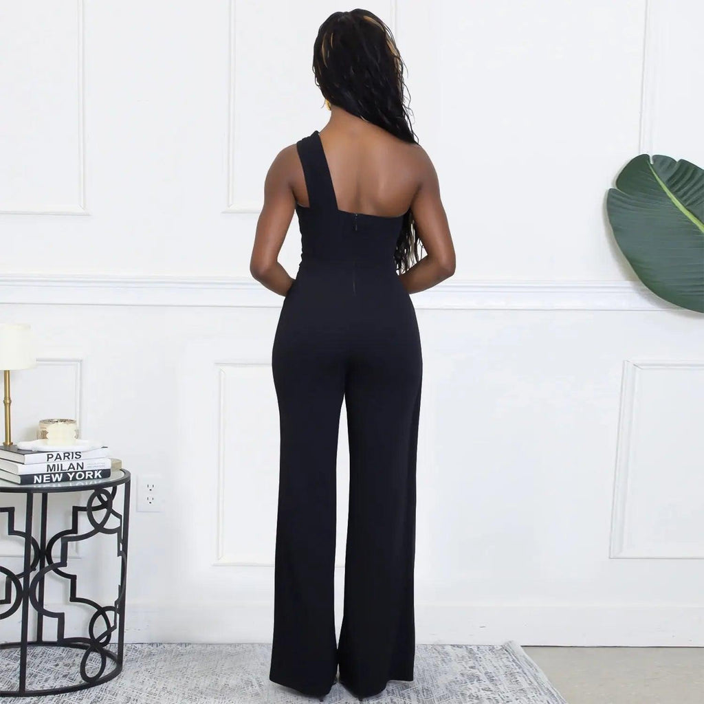Elegant Decorative Button Asymmetrical Shoulder Jumpsuit eprolo