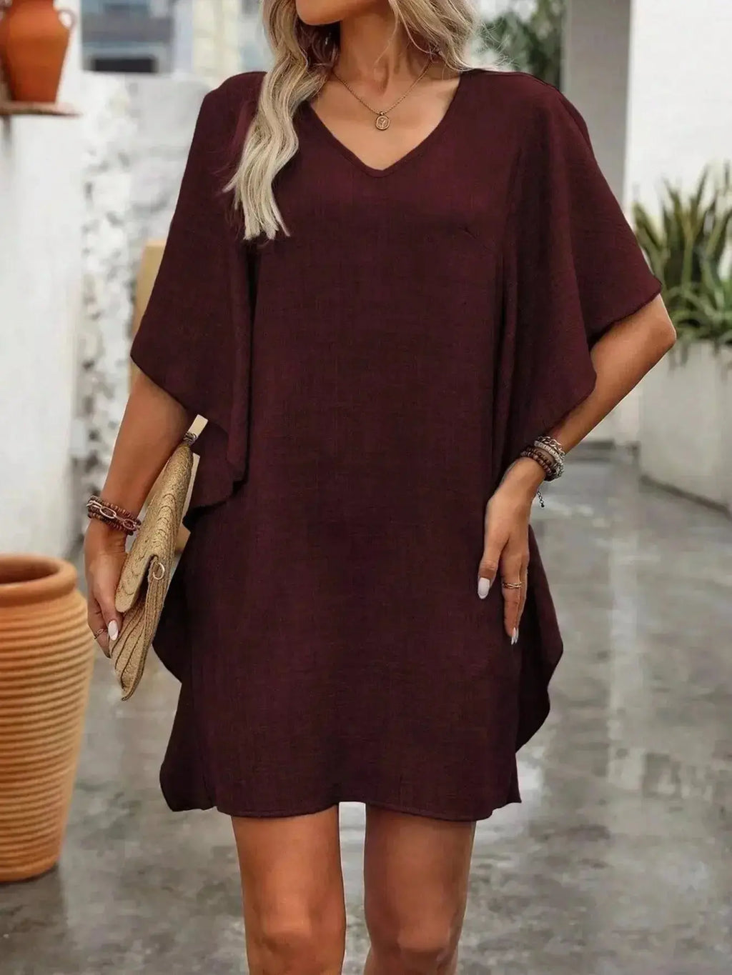 Ruffled Flutter Sleeve V-Neck Mini Dress - DaisyDrop 