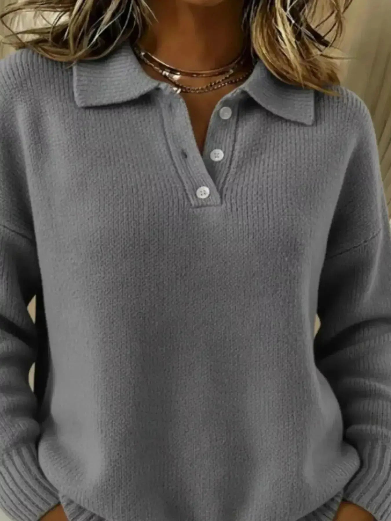 Full Size Half Button Collar Drop Shoulder Sweater Plus Size - DaisyDrop 