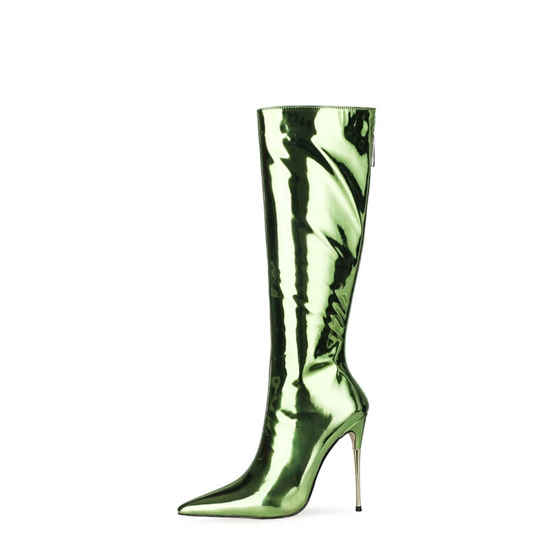 Classics Women High Heel Boots Patent Leather Back Zipper Square Toe