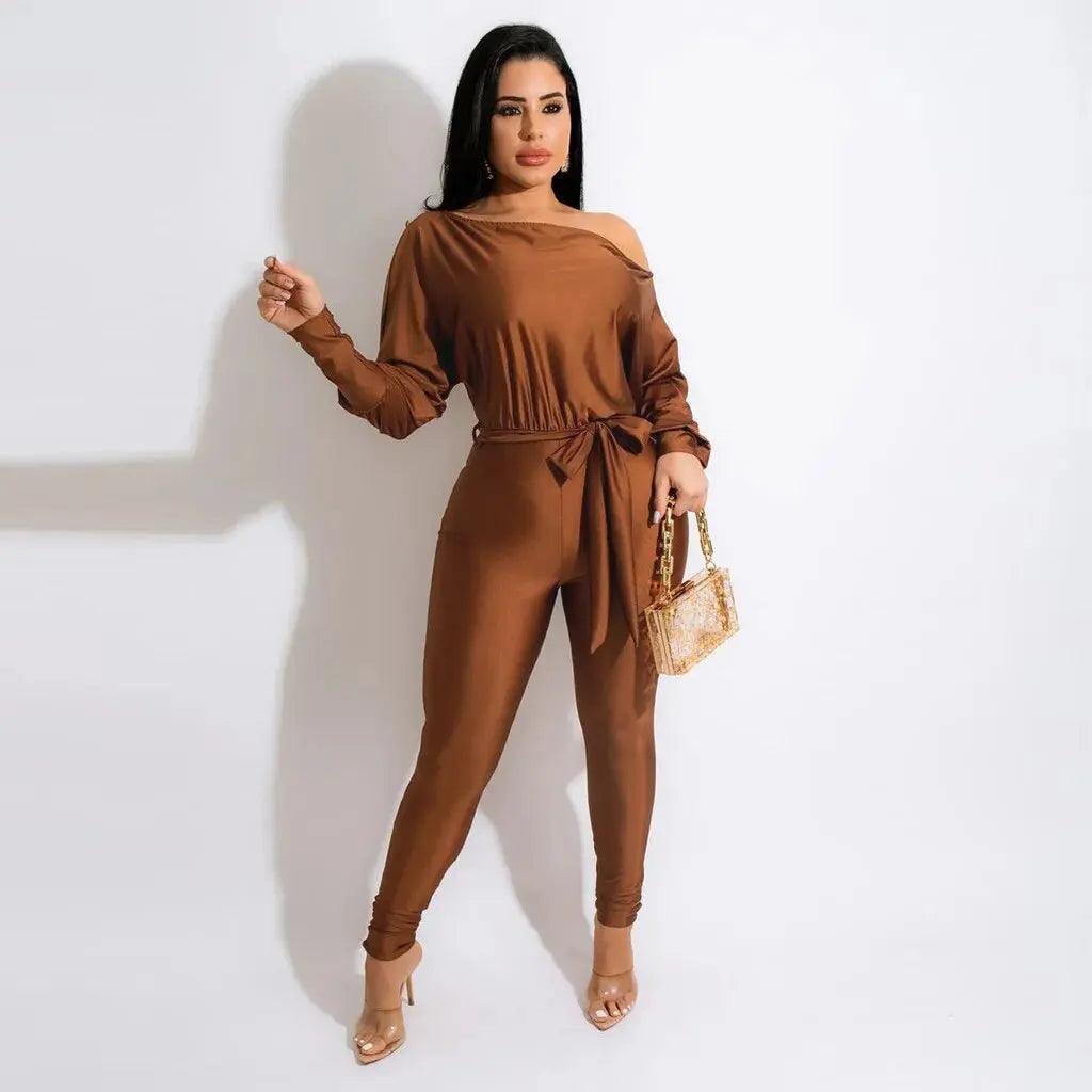 One Shoulder Lace Up Long Sleeved Trousers Jumpsuit eprolo