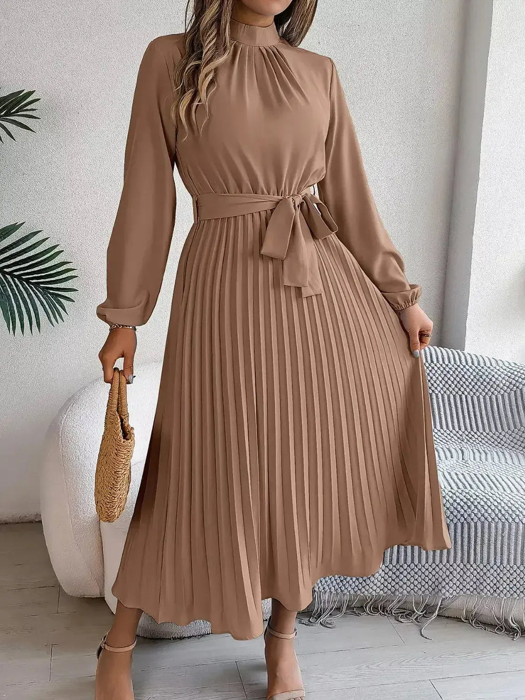 Mock Neck Pleated Midi Dress - DaisyDrop 