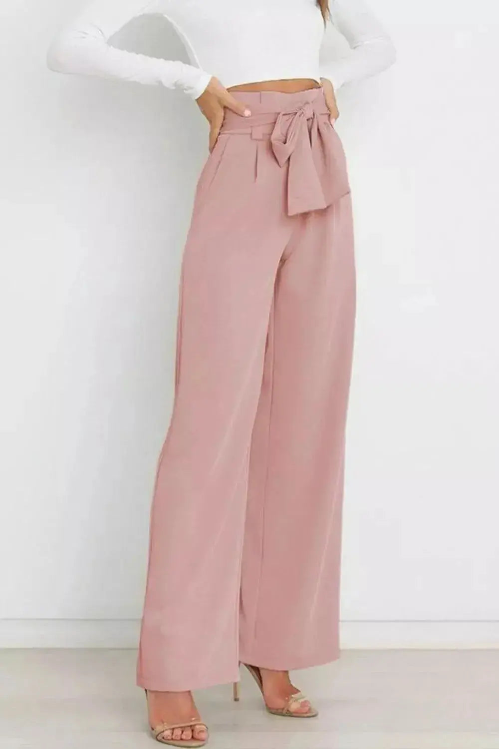High Waist Tie Front Wide Leg Pants - DaisyDrop 