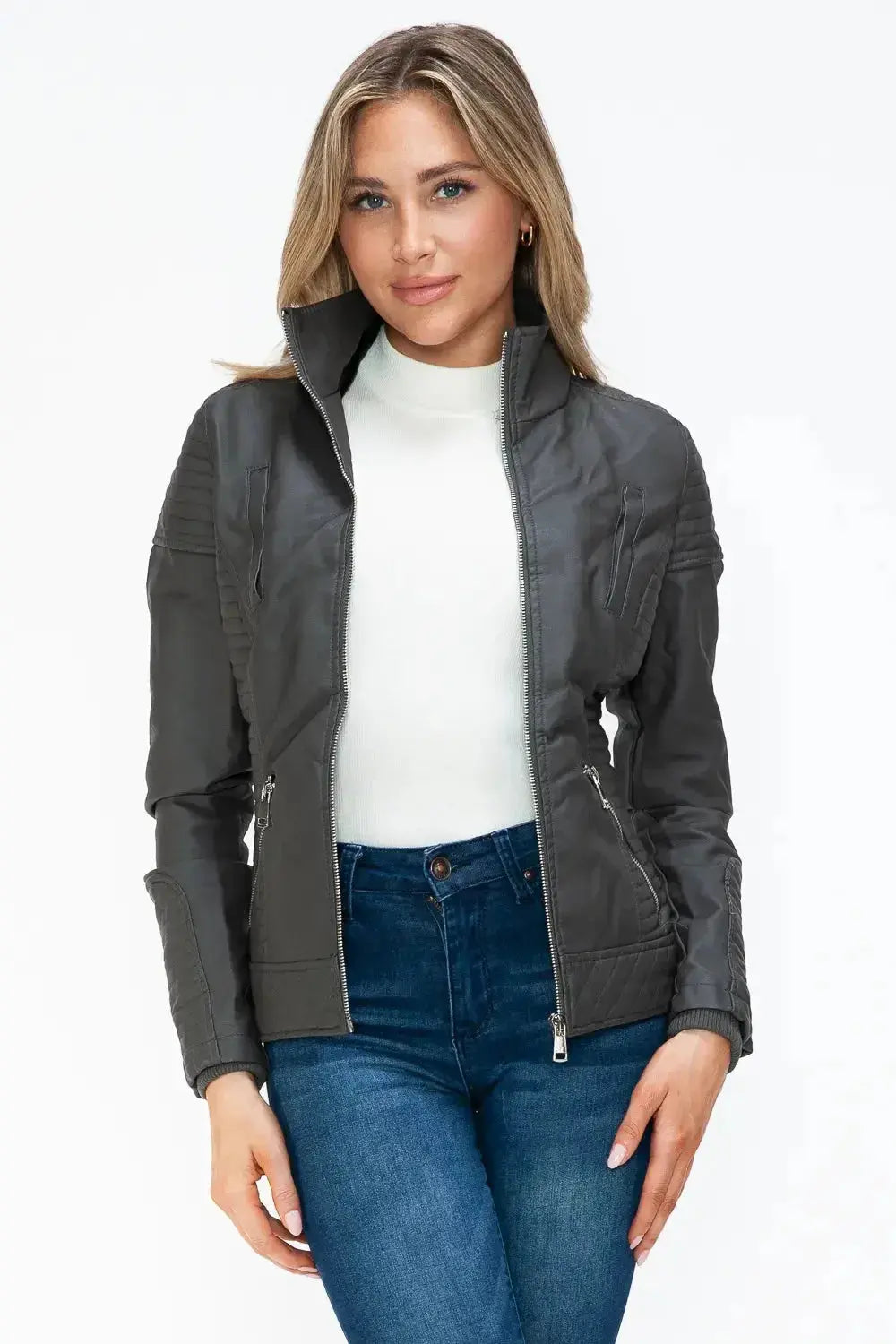 YMI Faux Layered Double-Zipper Jacket with Fuzzy Hood - DaisyDrop 