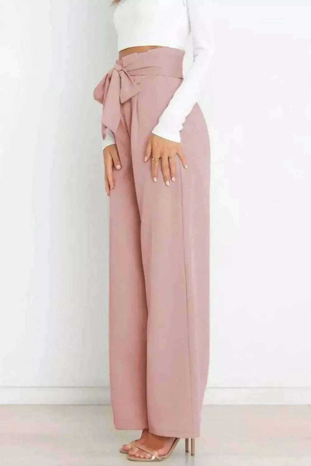 High Waist Tie Front Wide Leg Pants - DaisyDrop 