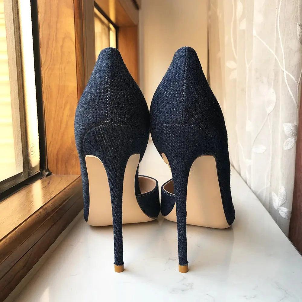 Women Navy Blue Denim Fabric Sexy  Pointy Toe High Heels eprolo