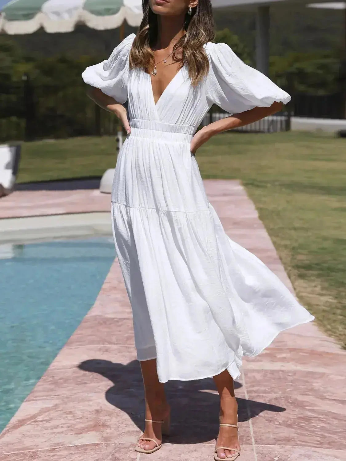 V-Neck Puff Sleeve Midi Dress - DaisyDrop 