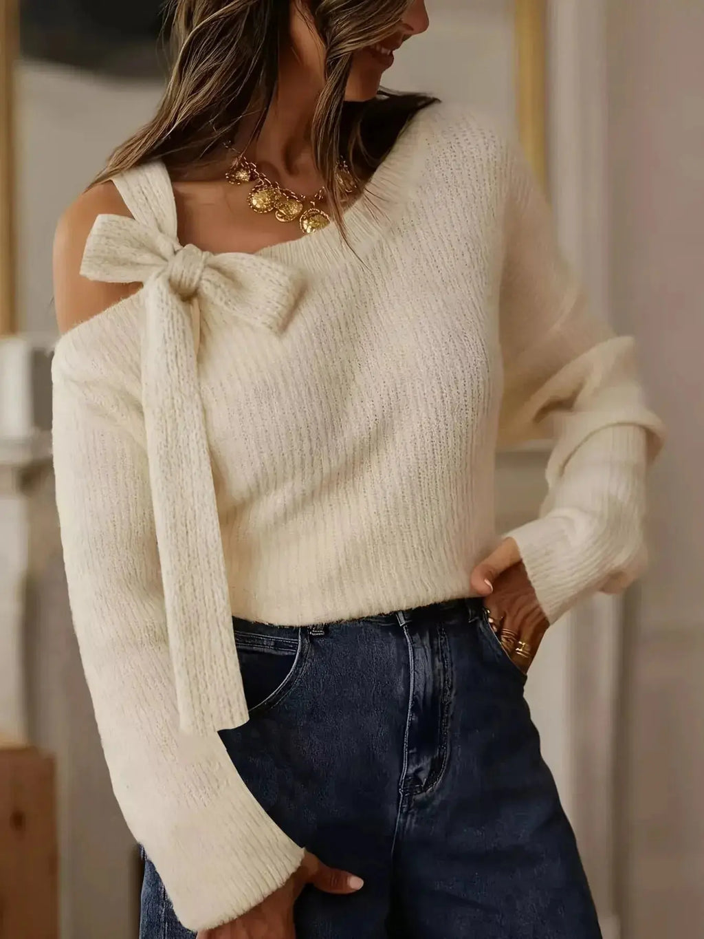 Bow-Accent One-Shoulder Sweater - DaisyDrop 