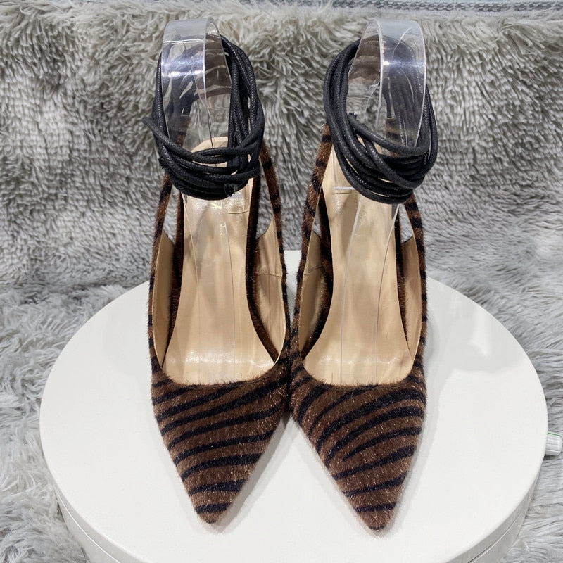 Dark Brown Hairy Zebra Women Pointed Toe Ankle Strap Slingbacks Stiletto Pumps