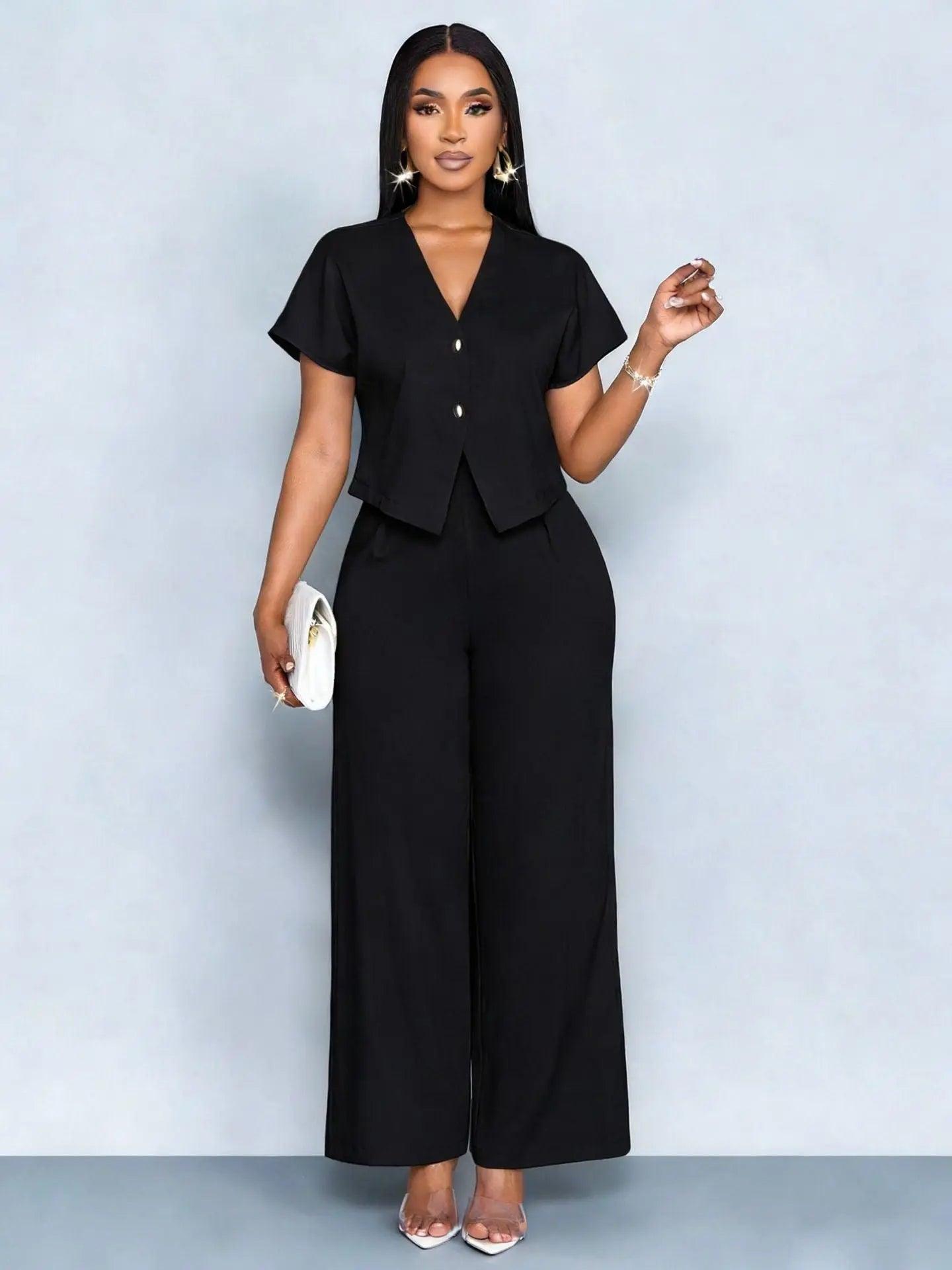 Two-Piece  Short Sleeve V-Neck Wide Leg Pants Set eprolo