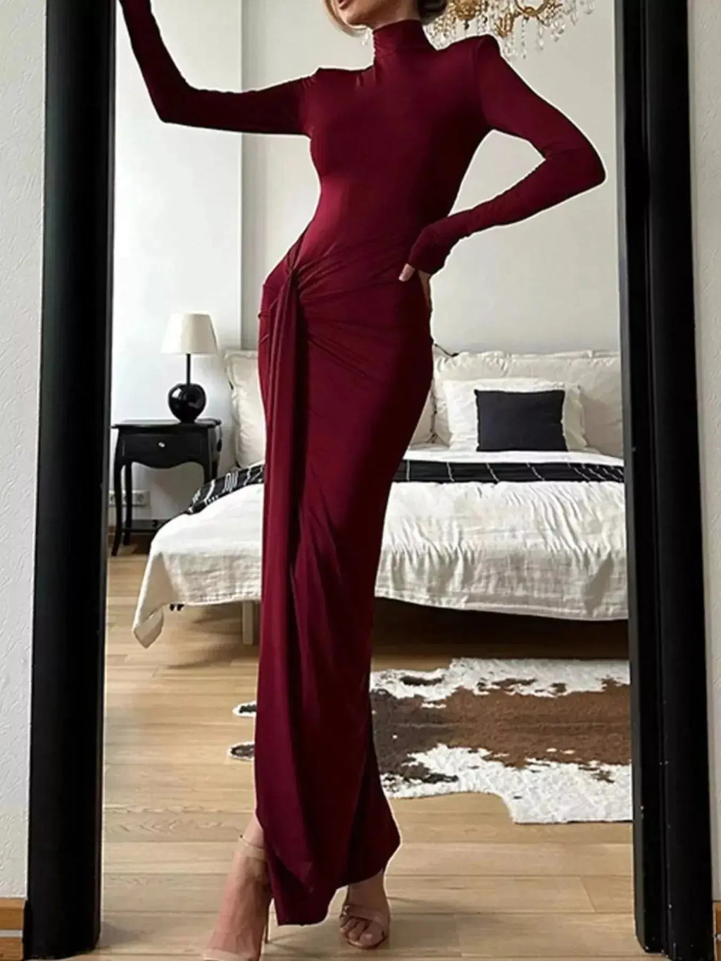 Turtleneck Long Sleeve Slit Maxi Dress - DaisyDrop 