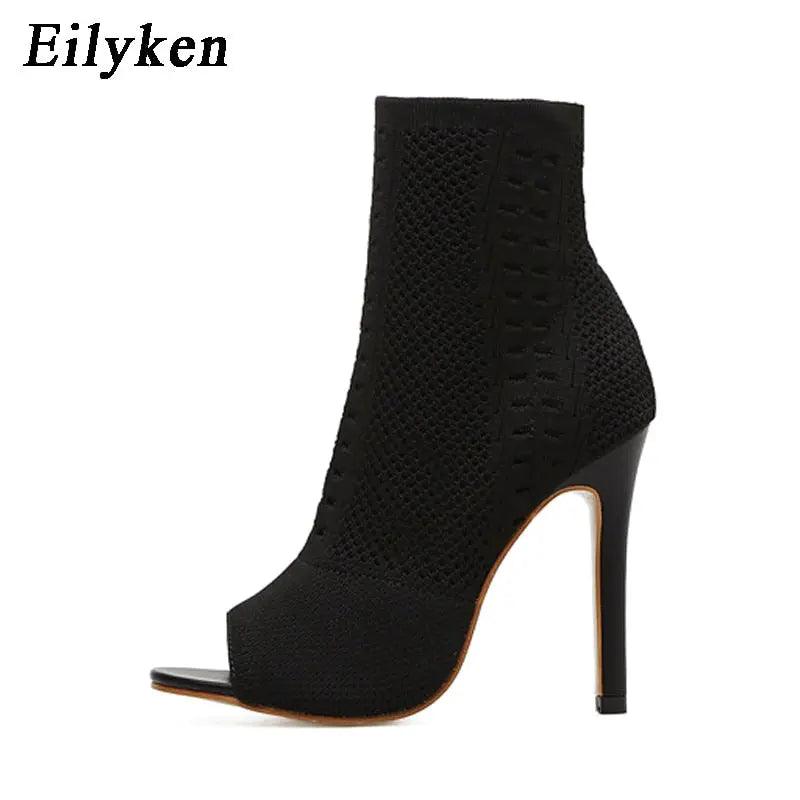 Womens Ankle Boots Green Elastic Knit Sock Open Toe eprolo