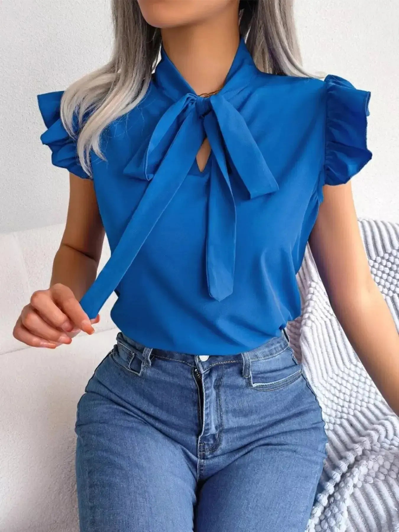 Bow Tie Ruffle Sleeve Blouse - DaisyDrop 