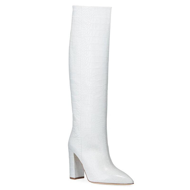 Women White Knee High Boots Crocodile Embossed Heel