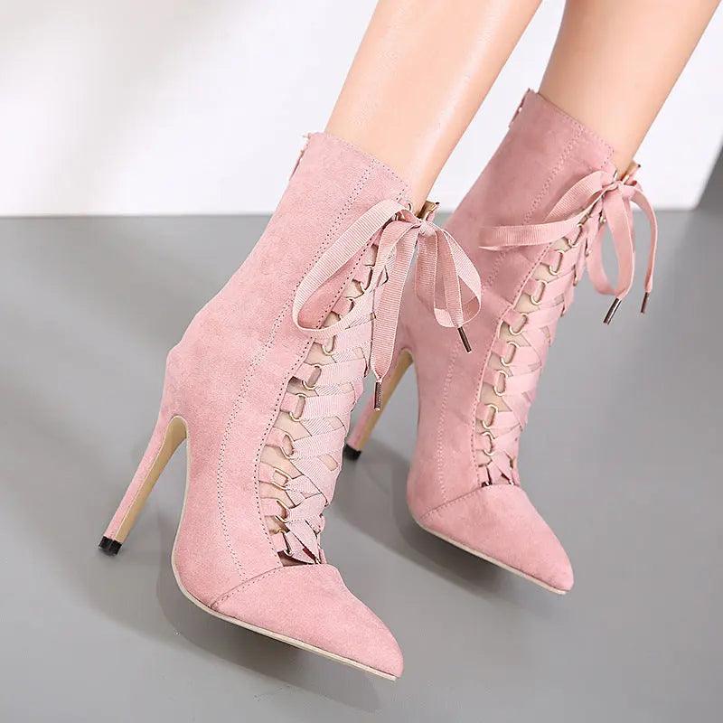 Cross-Strap Oxford Stiletto Heel Boots Pointed Toe eprolo