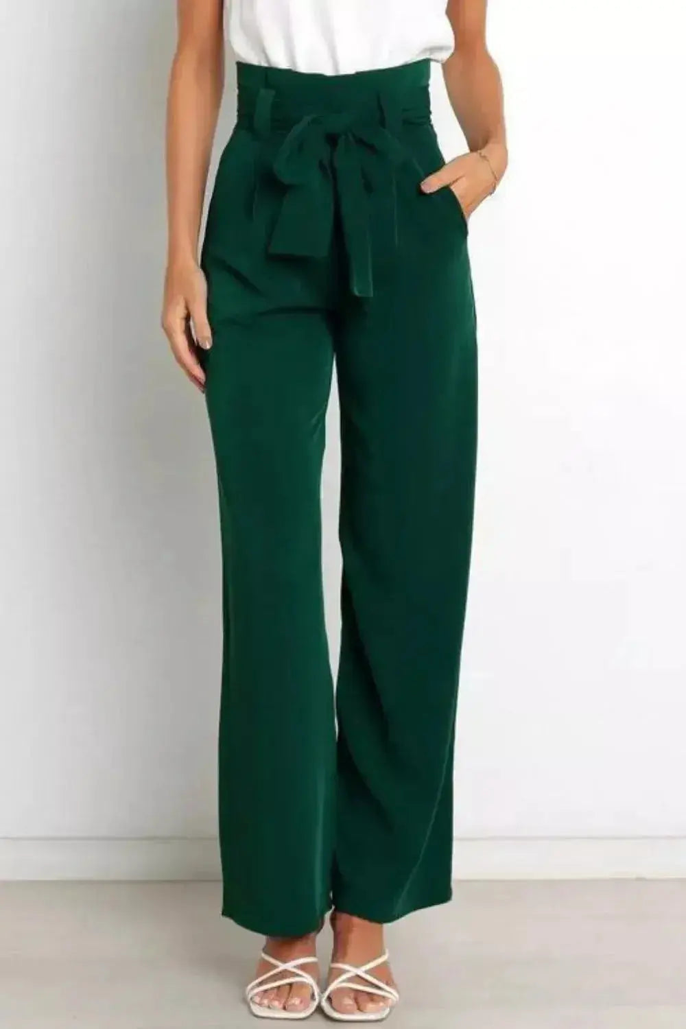 High Waist Tie Front Wide Leg Pants - DaisyDrop 