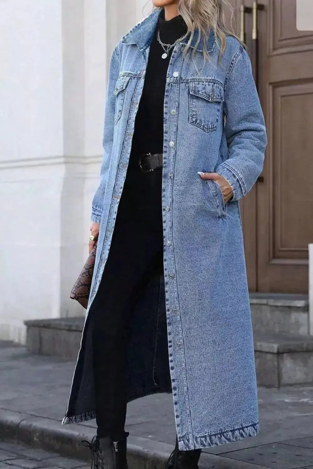 Longline Button-Front Denim Jacket - DaisyDrop 