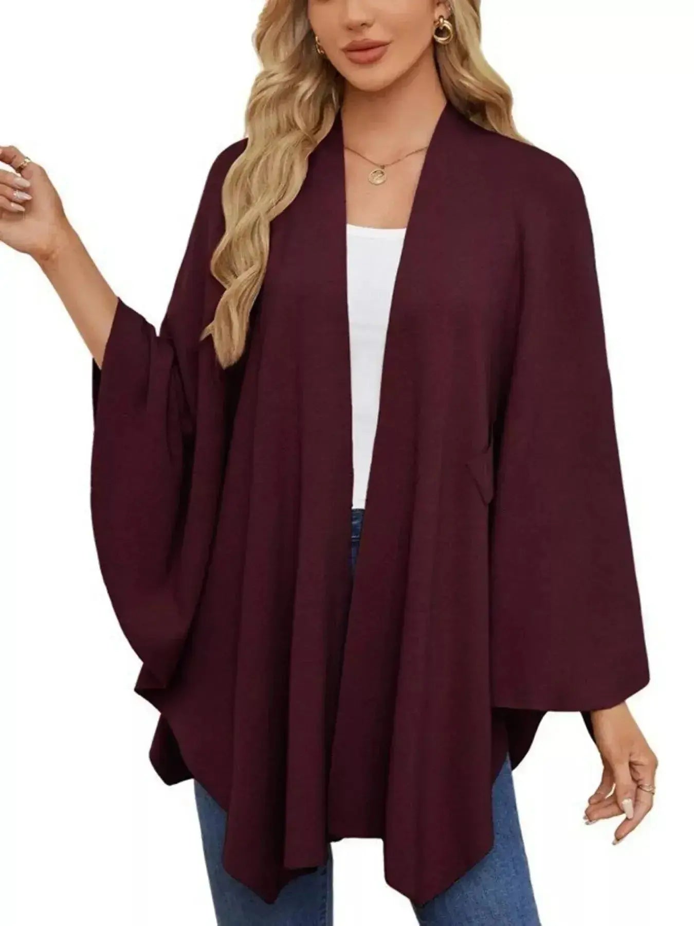 Solid Color Tie-Front Knit Cape Top - DaisyDrop 