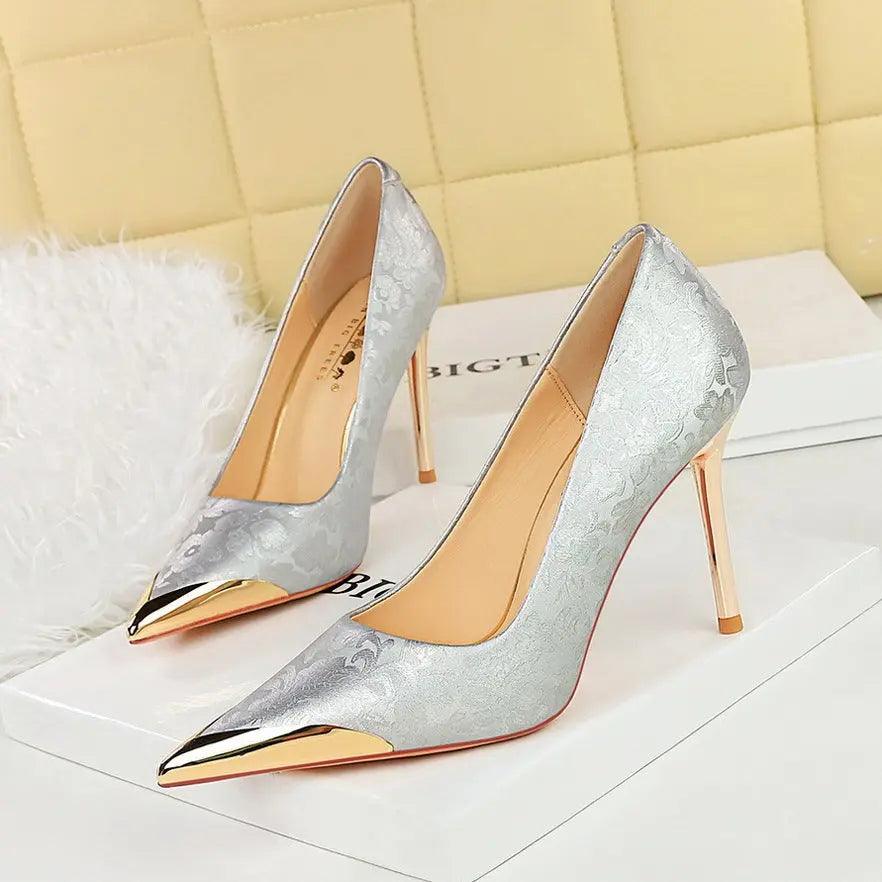 Chinese style women's high heels, silk thin heels, shallow mouth metal pointed satin, banquet high heels, single shoes for women eprolo