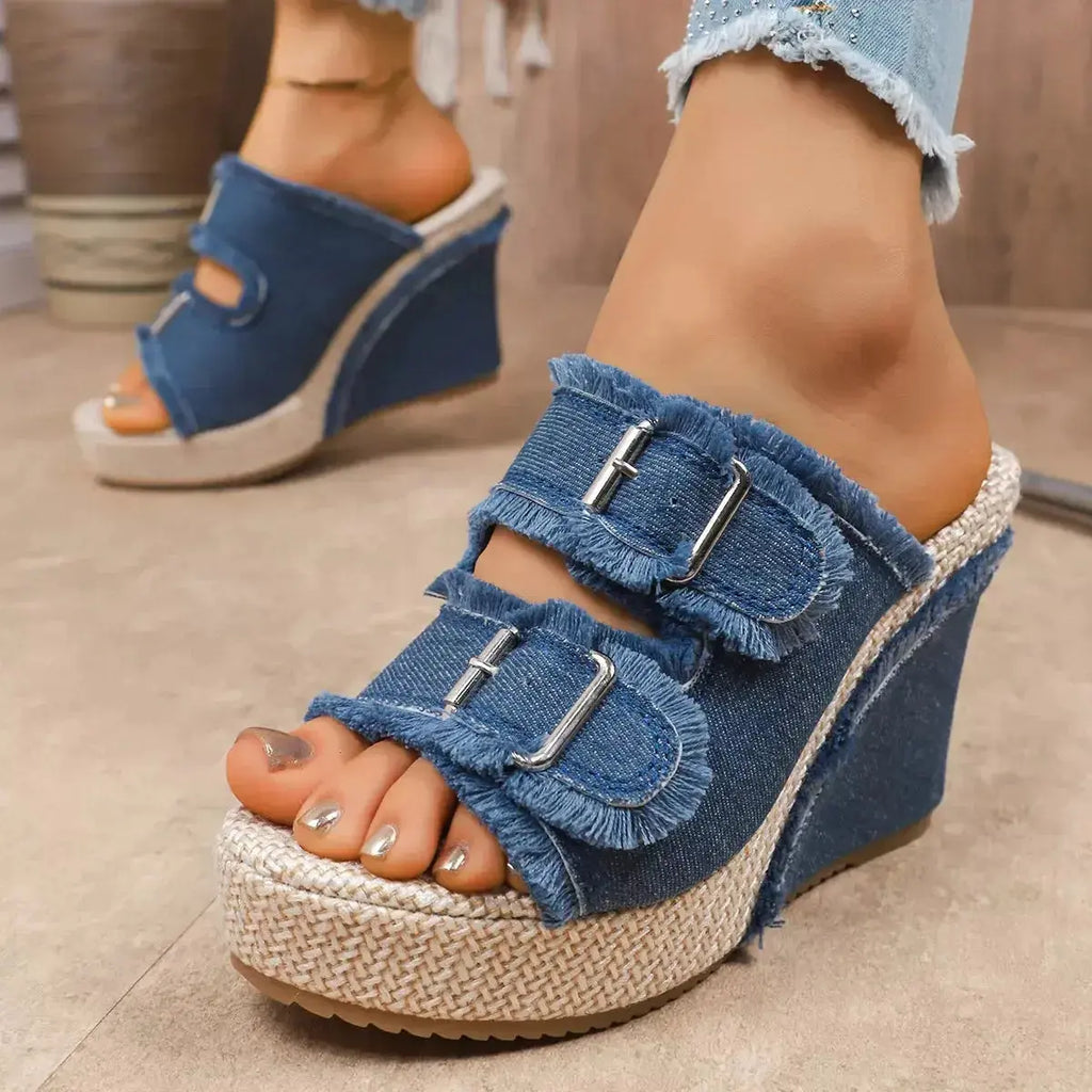 Double Buckle Wedge Sandals - DaisyDrop 