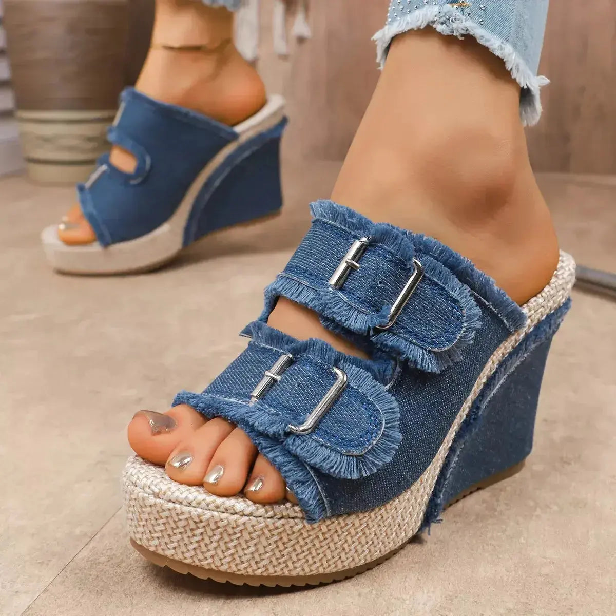 Double Buckle Wedge Sandals - DaisyDrop 