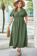 Juliana Plus Size Surplice Neckline Shirred Maxi Dress Threaded Pear