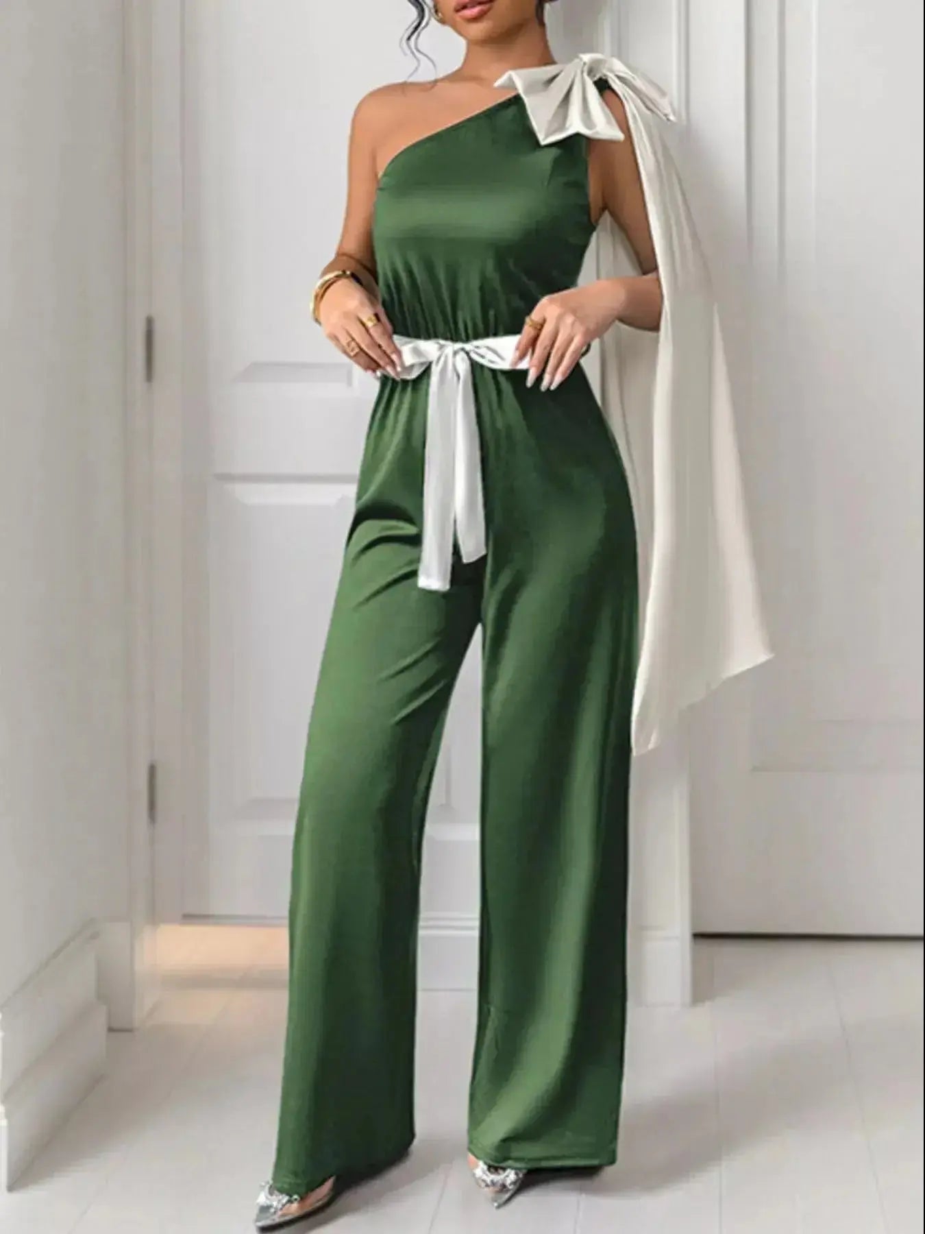 One-Shoulder Bowknot Wide Leg Jumpsuit - DaisyDrop 