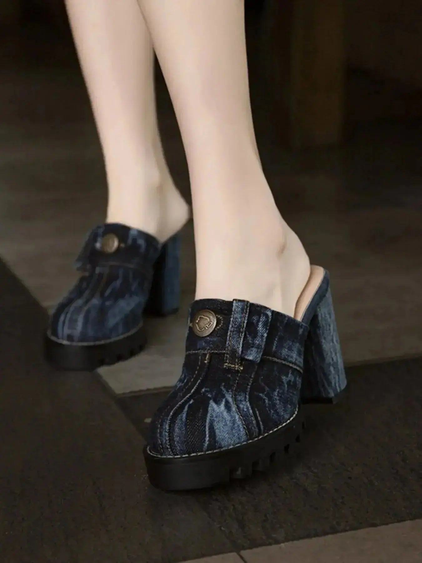 Denim Round Toe Block Heels Sandals - DaisyDrop 