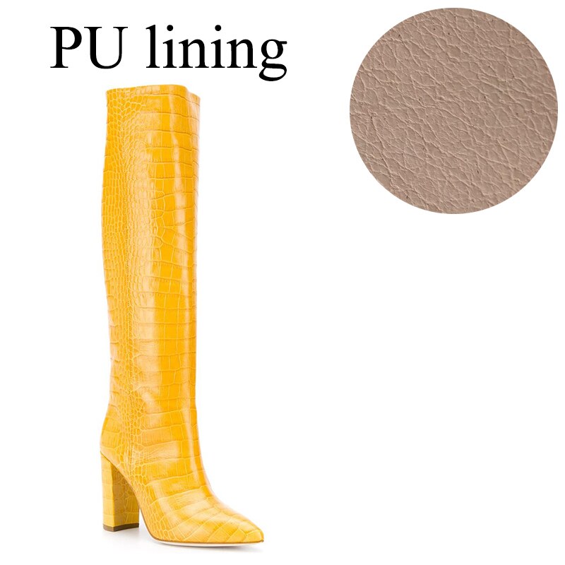 Women White Knee High Boots Crocodile Embossed Heel