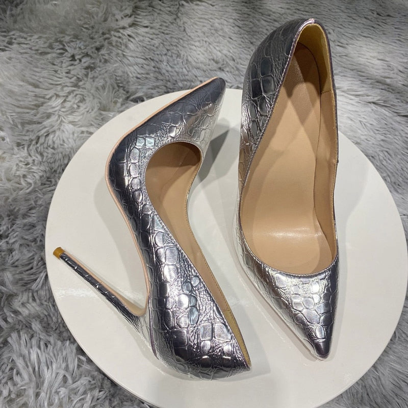 Silver Crocodile-Effect Women Sexy Pumps