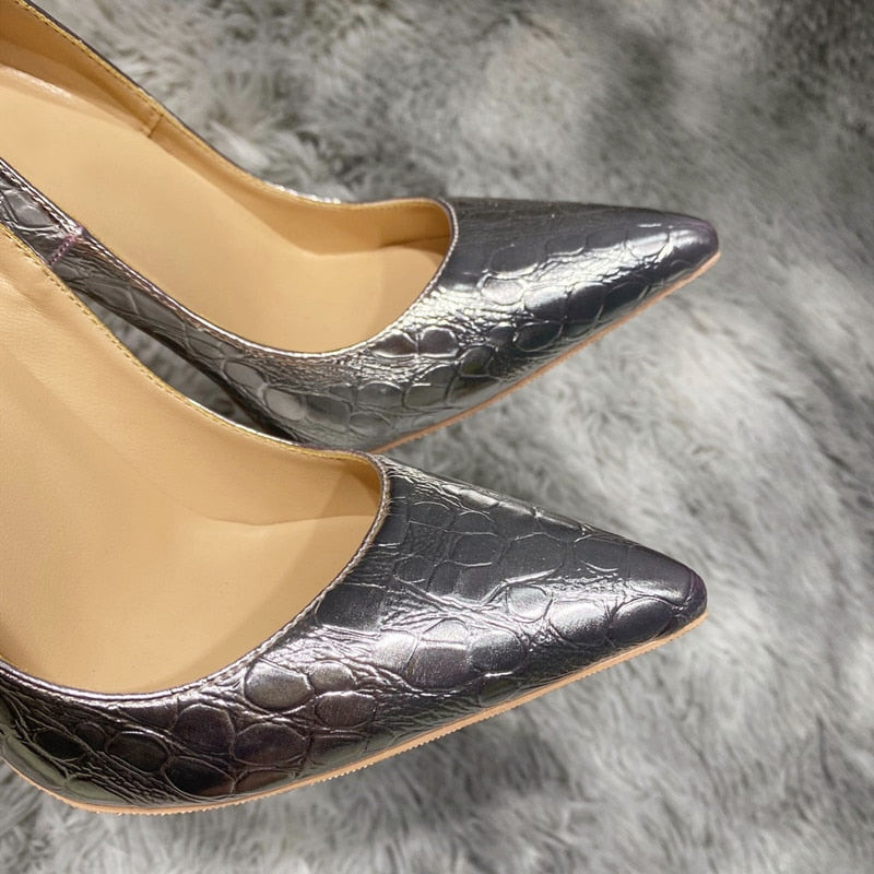 Silver Crocodile-Effect Women Sexy Pumps