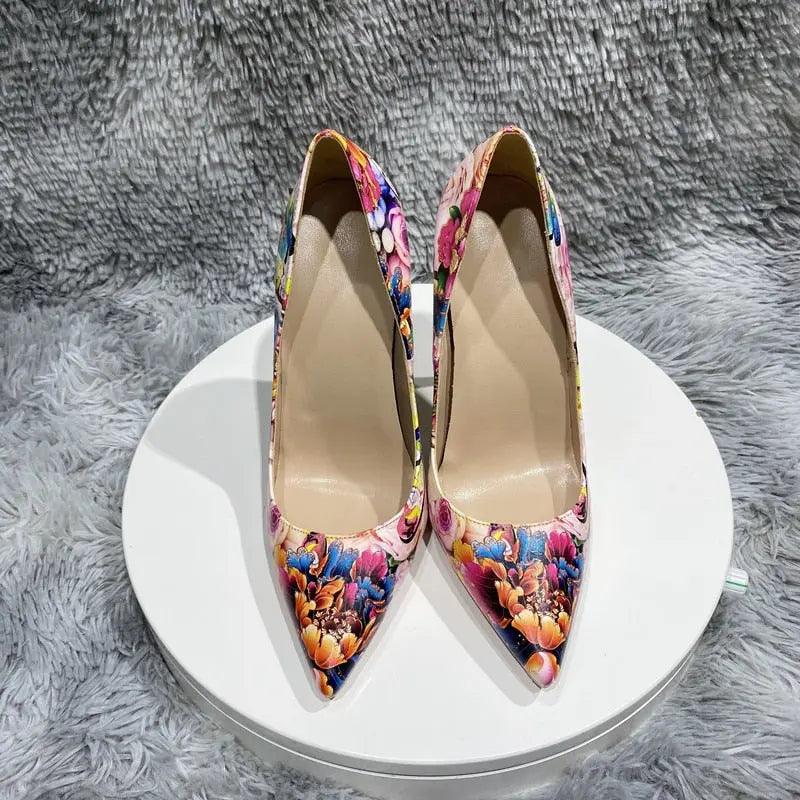 Floral Painting Print Pointy Toe High Heel eprolo