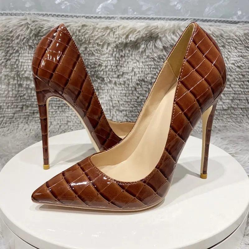 Tikicup Coffee Brown Crocodile Effect Sexy Pointy Toe eprolo