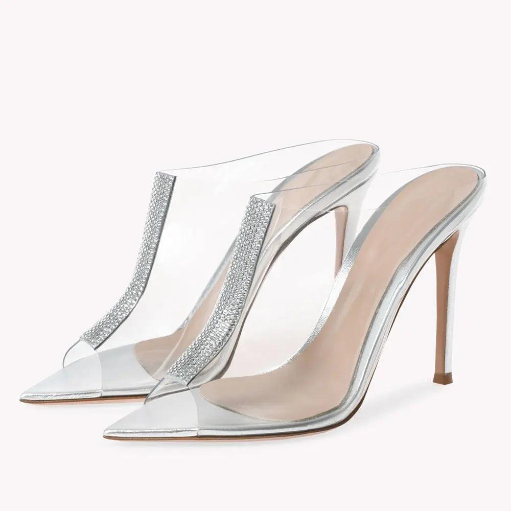 One-Line Rhinestone Pointed Fish Mouth Sexy High-Heeled Slippers eprolo