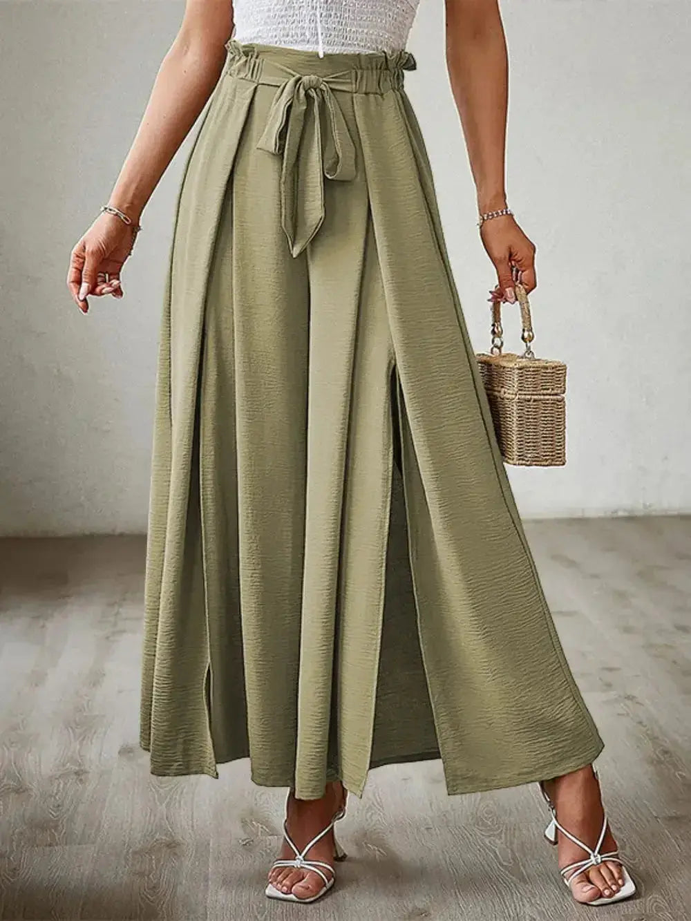 Tied Slit Wide Leg Pants - DaisyDrop 
