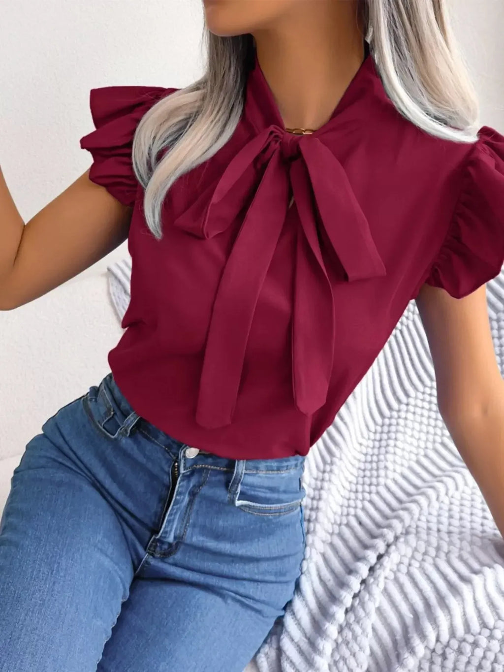 Bow Tie Ruffle Sleeve Blouse - DaisyDrop 