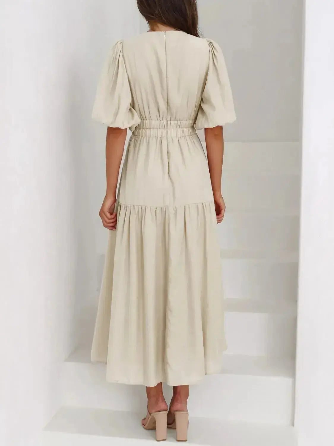 V-Neck Puff Sleeve Midi Dress - DaisyDrop 