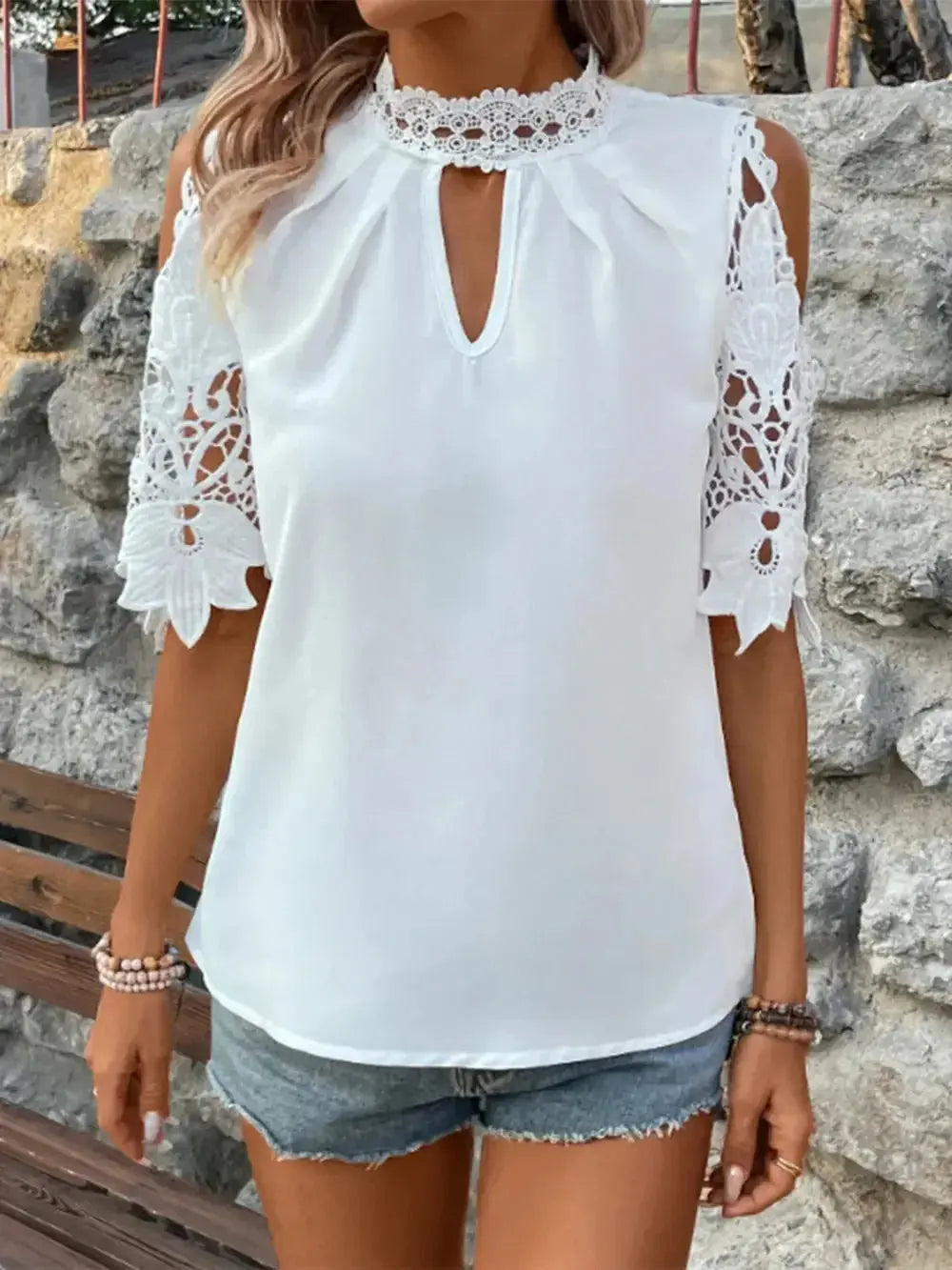 Lace Mock Neck Cold Shoulder Blouse - DaisyDrop 